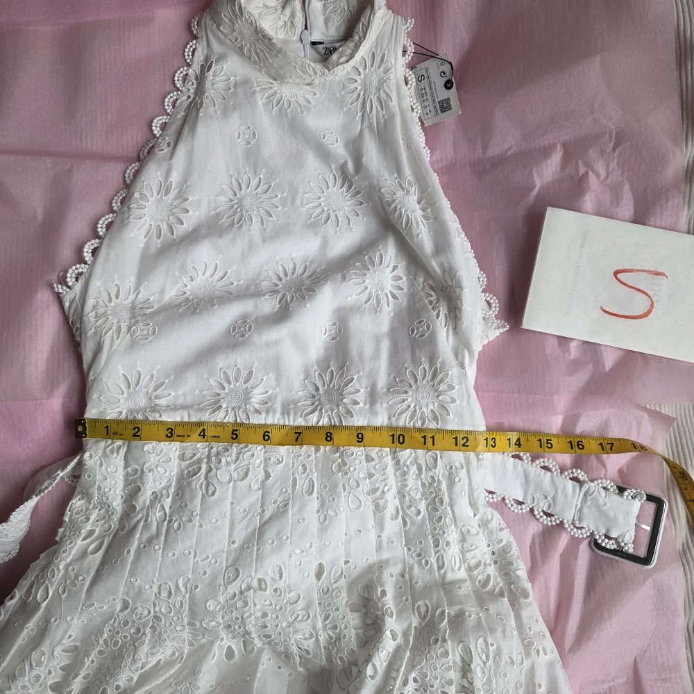 ZARA Openwork Embroidered Midi Dress ZW COLLECTION oyster white Nwt - Picture 6 of 16